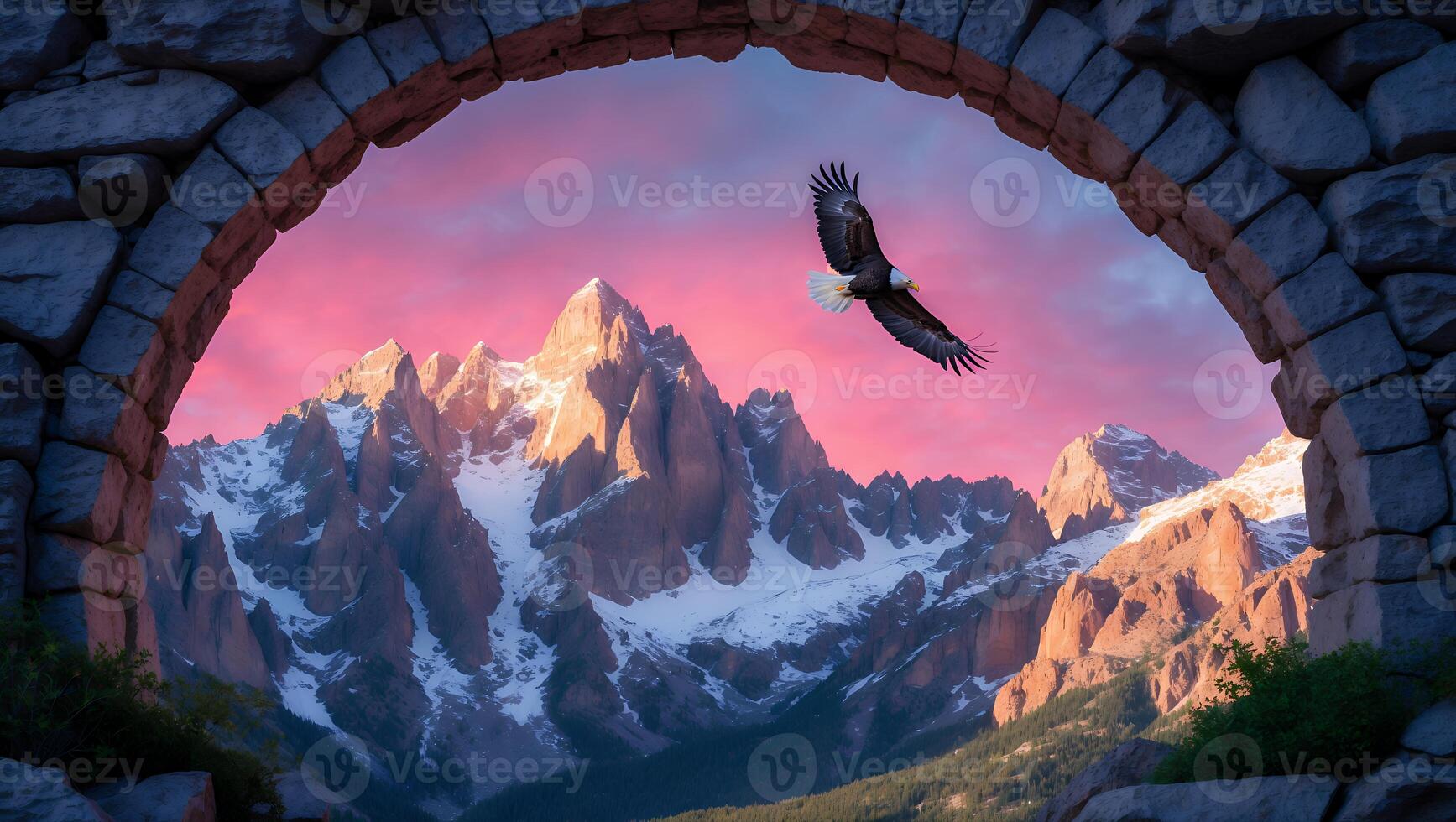 Eagle Soaring Above Mountains Through Stone Arch at Sunset Scenery photo