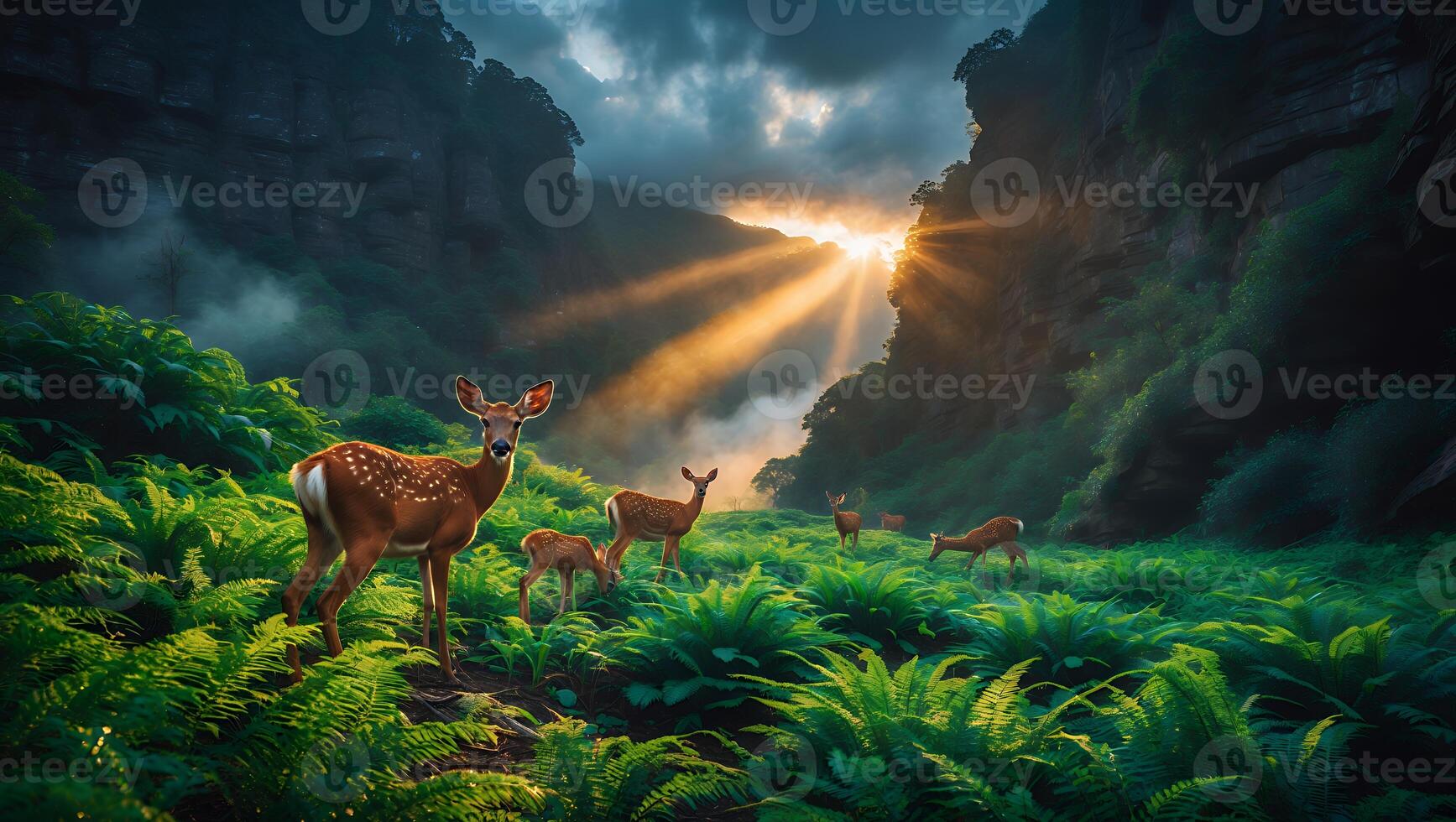 Deer Grazing in Lush Forest at Dawn with Light Rays photo