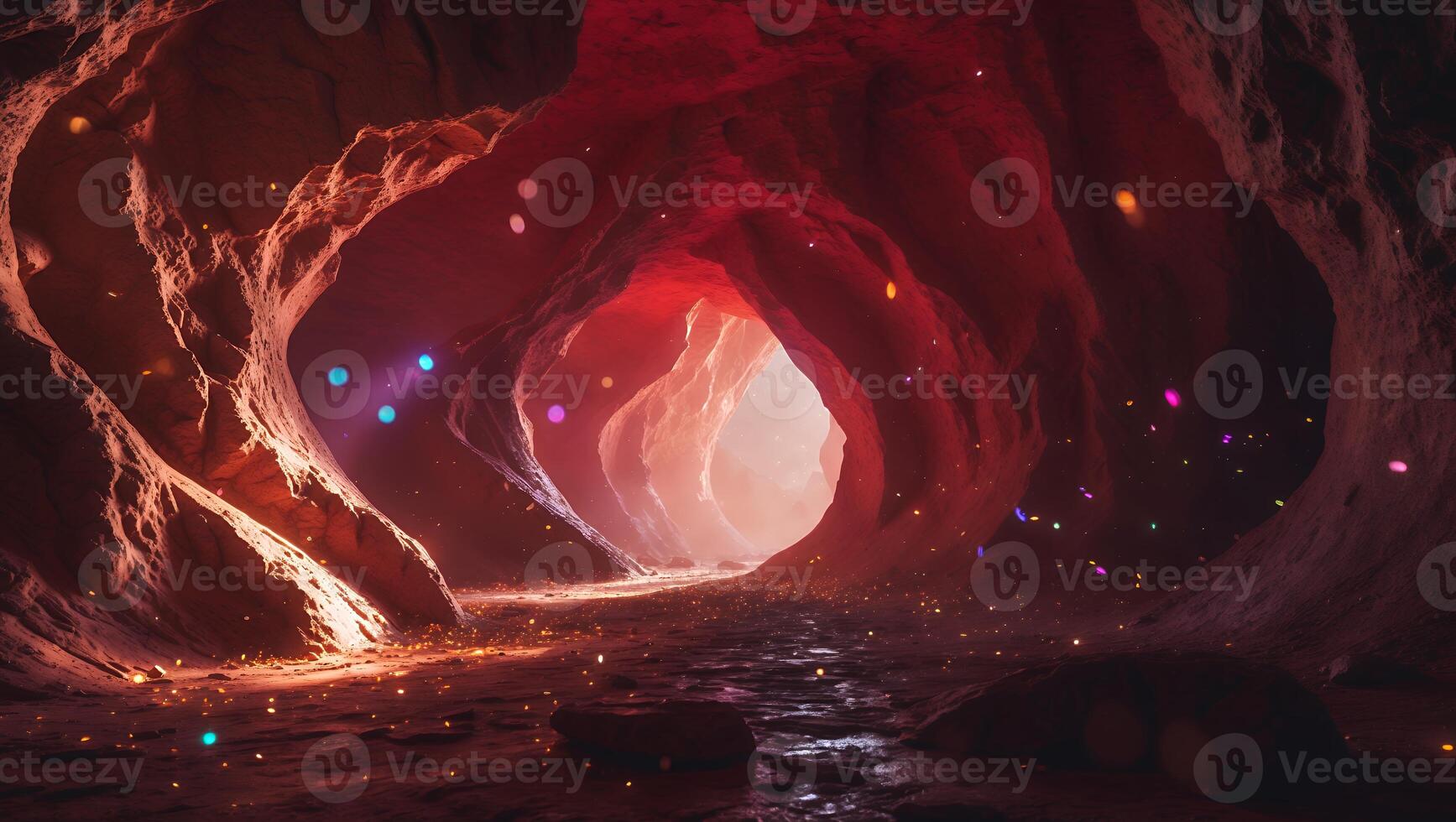 Exploring Red Cave Interior with Glowing Lights and Bright Exit View photo