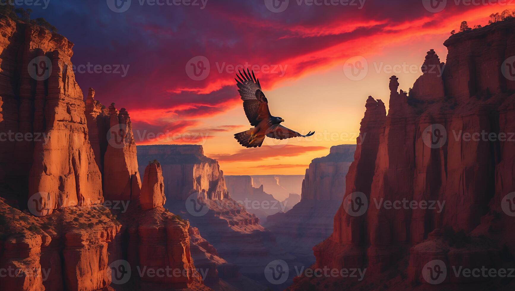 Eagle Flying Over Canyon with Dramatic Sky During Golden Sunset photo