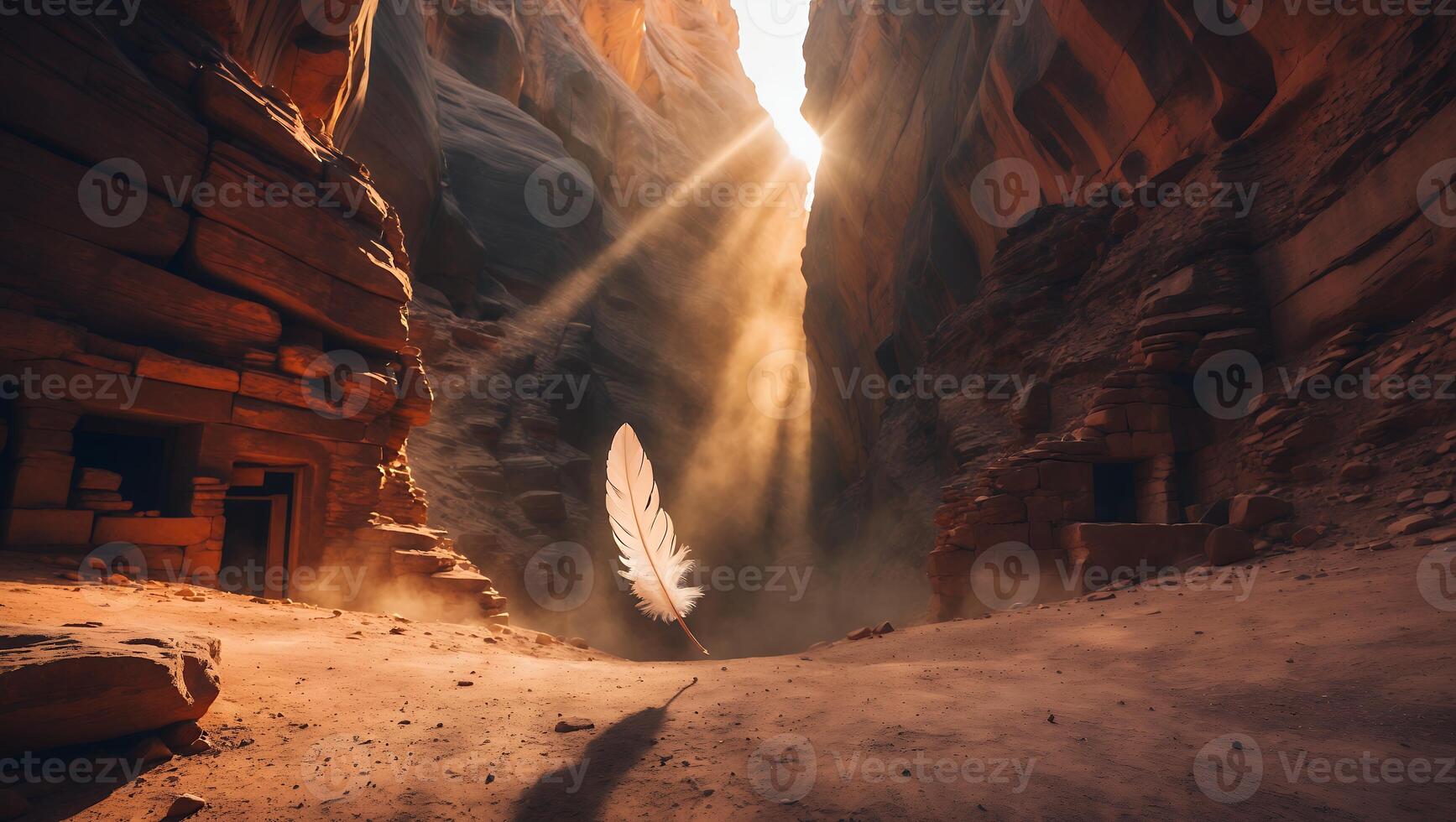 Floating Feather in Canyon with Sunlight Streams Through Natural Desert Scene photo