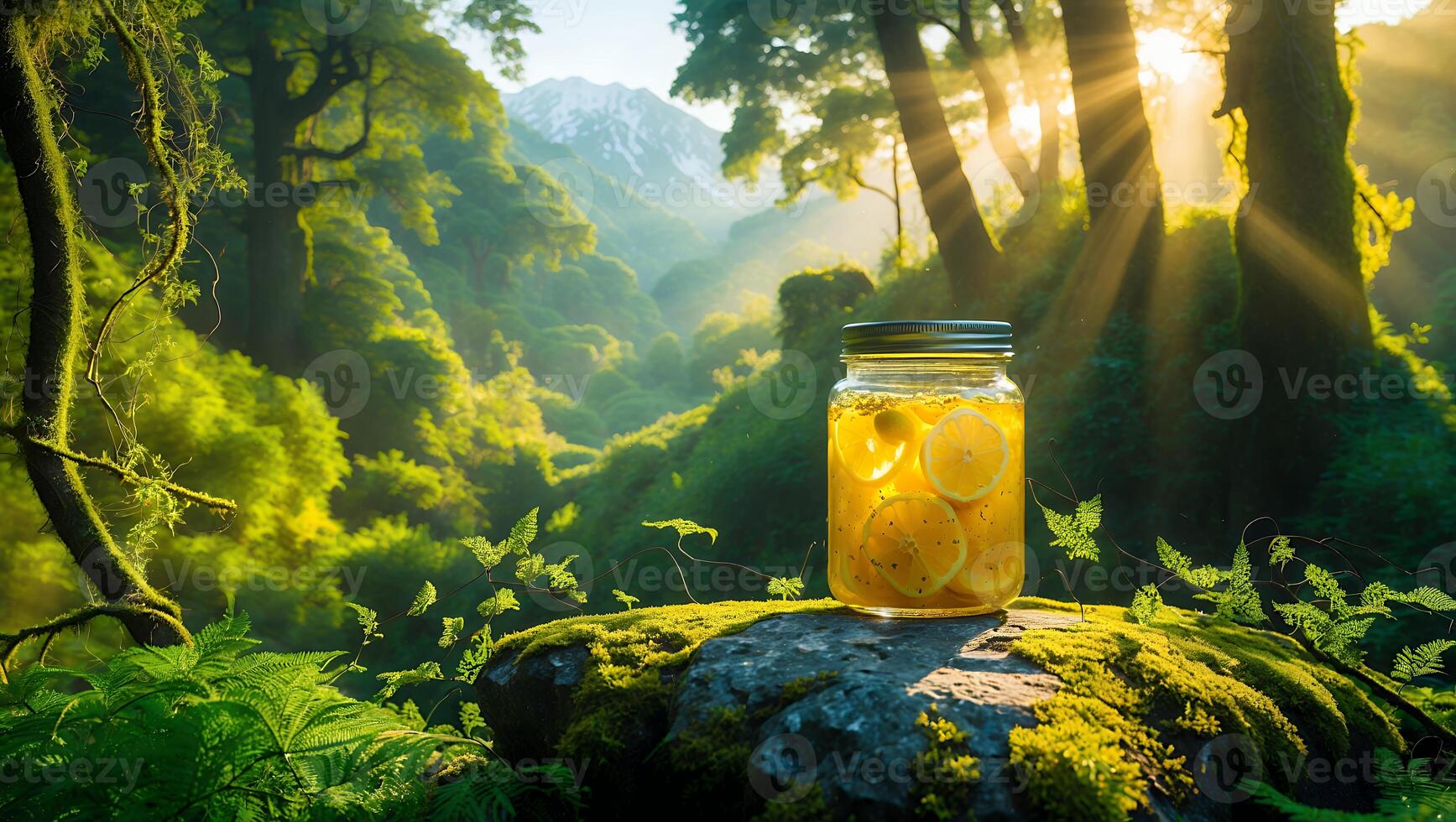 Lemon Infusion Jar in Forest with Sunlight Streaming Through Trees photo