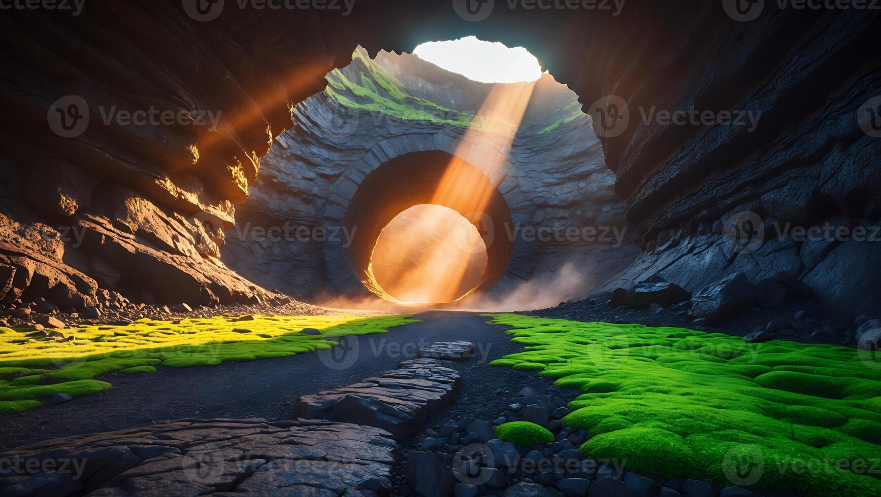 Exploring the Mysterious Cave with Bright Light and Green Moss Trail photo