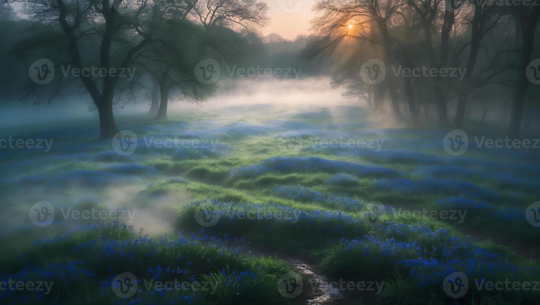 Fog Rolling Through Field of Blue Flowers at Sunrise photo
