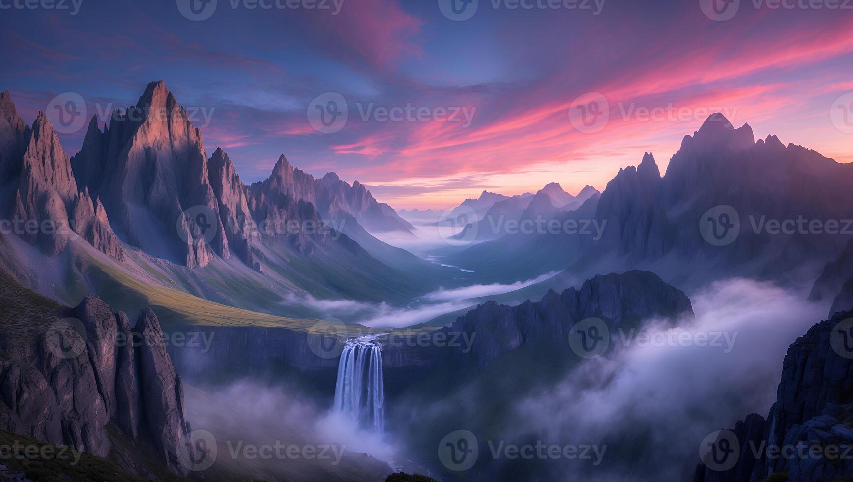 Waterfall Flows Through Mountain Valley at Dusk with Cloud Inversion photo