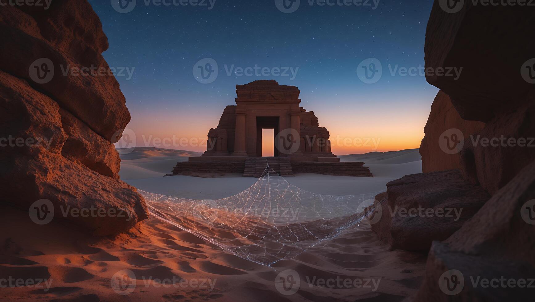 Ancient Temple in Desert Landscape at Twilight with Cobweb Decoration photo