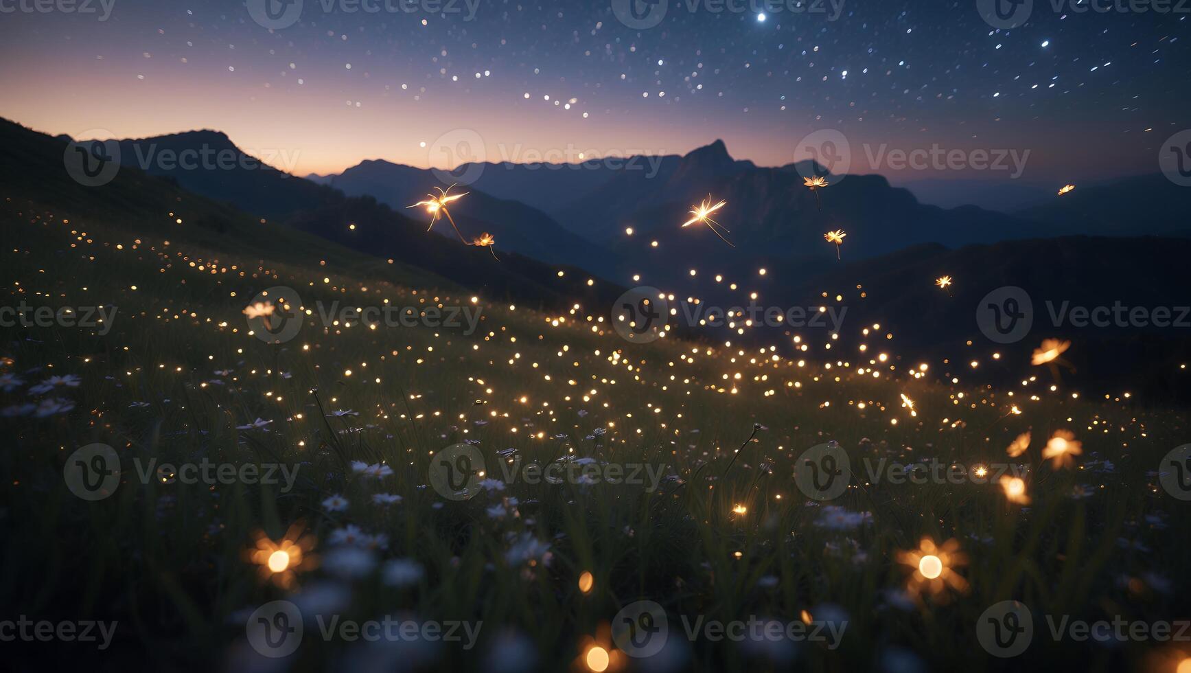 Firefly Meadow at Night with Starry Sky and Mountain Backdrop photo