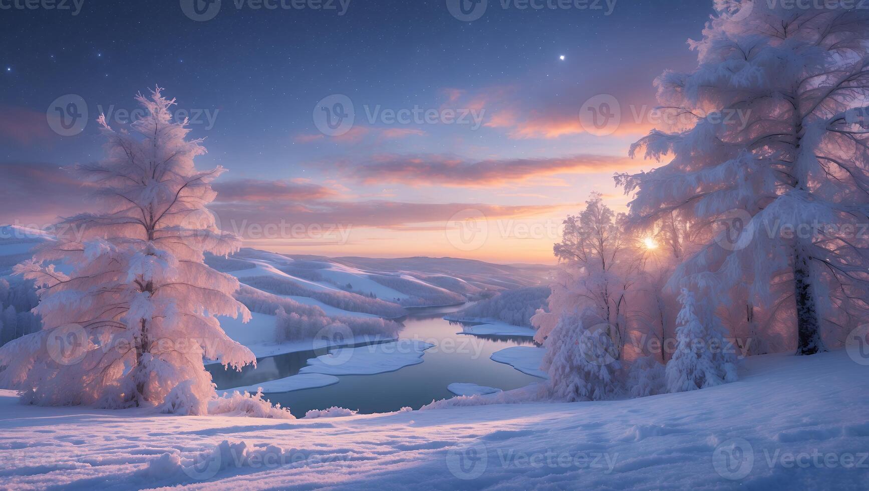 Snowy Winter Landscape with Lake Sunset and Trees in Foreground photo
