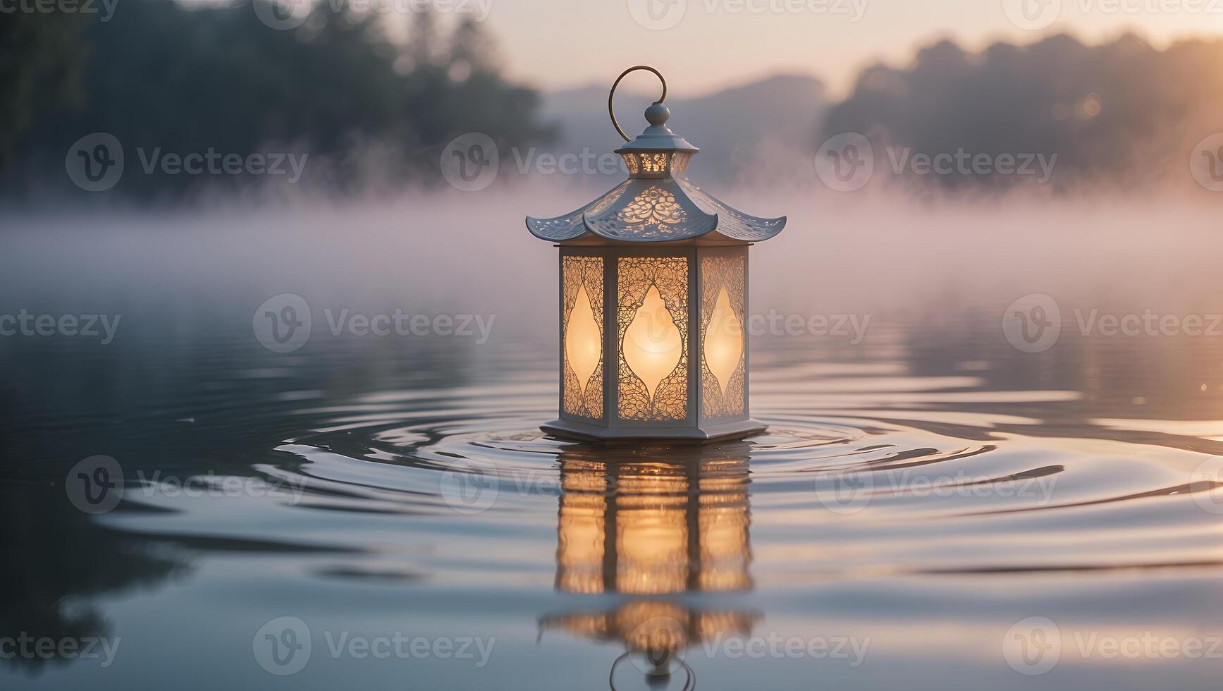 Lantern Floating on Calm Lake Water with Misty Background Scenery photo