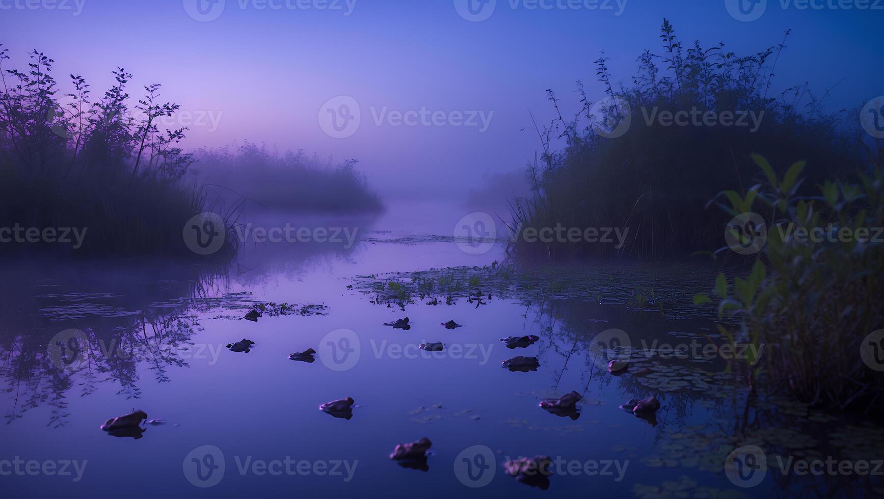 Frogs Resting on Water Lilies in a Misty Twilight River photo