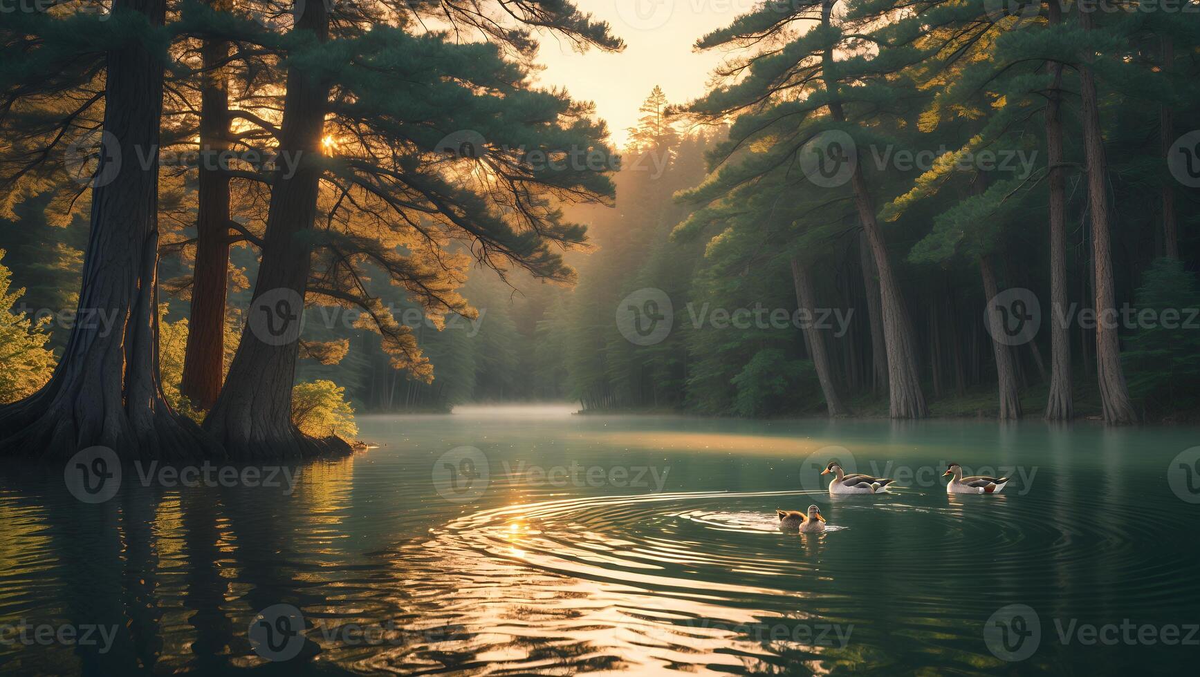 Ducks Swimming on Lake at Sunrise Surrounded by Forest Trees photo