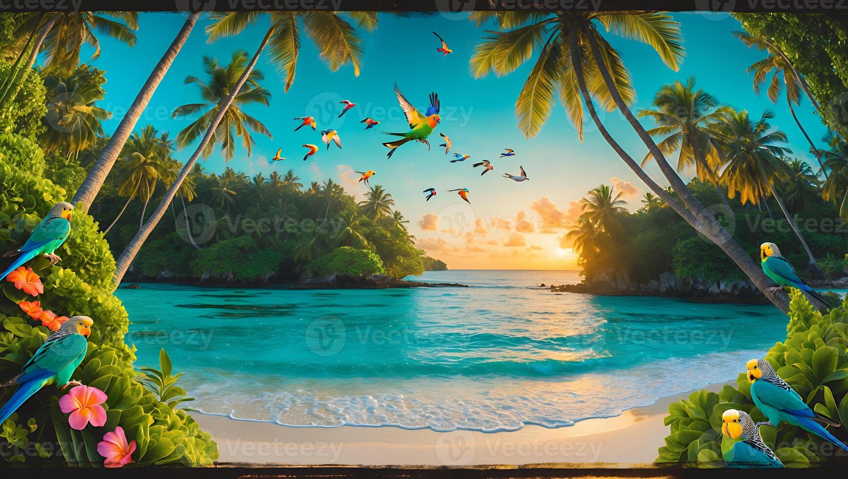 Parrots Flying Over Tropical Beach with Palms and Sunset photo