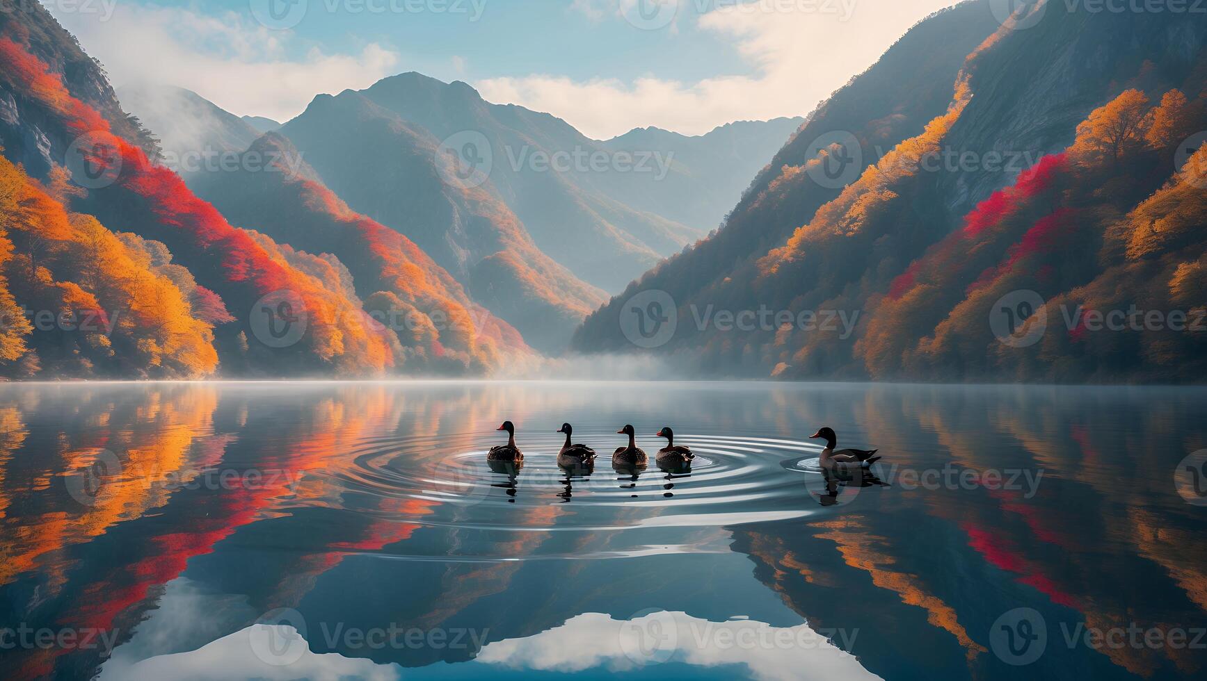 Ducks Swimming on Lake Reflecting Autumn Mountains and Sky photo