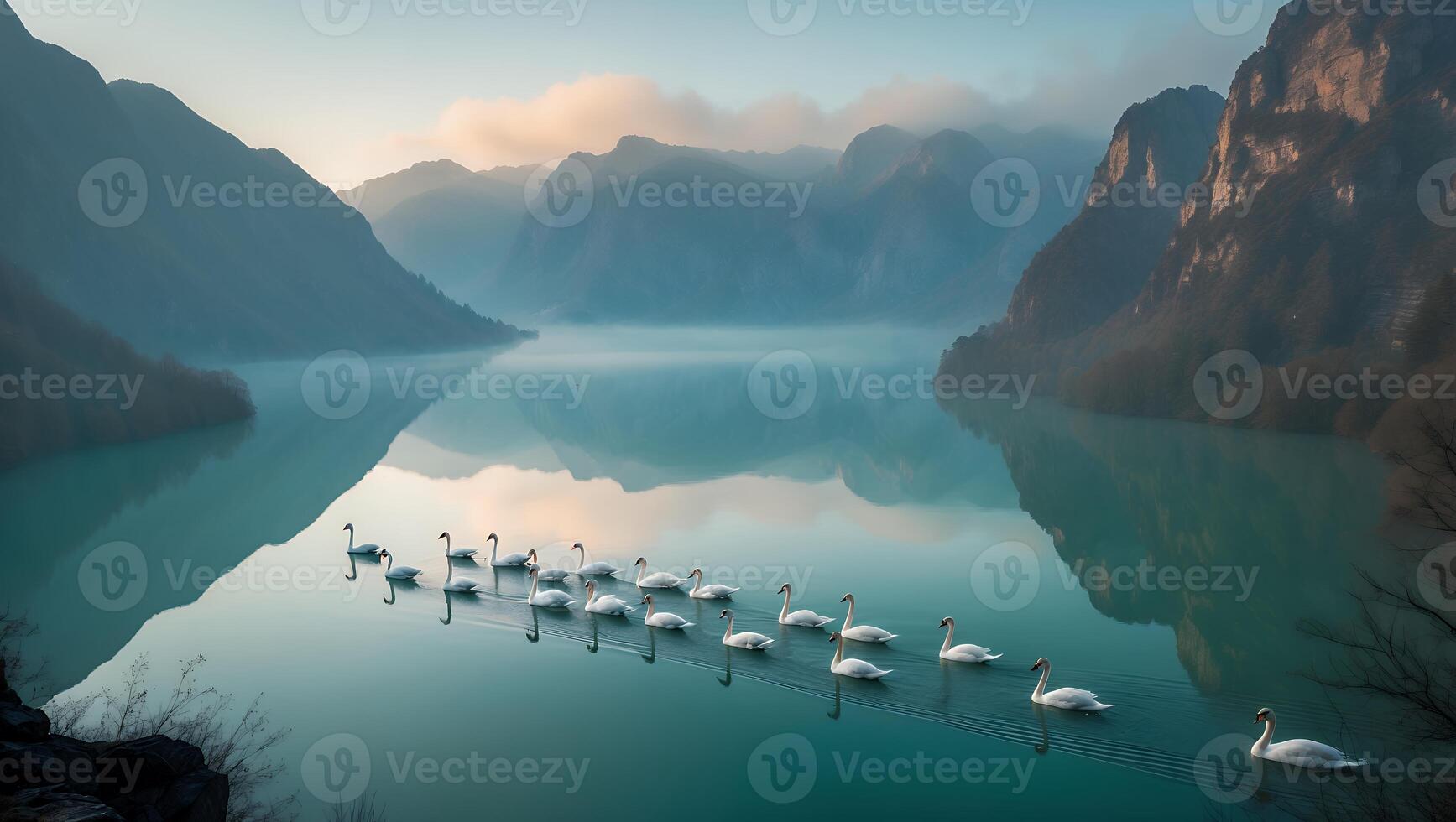 Swans Swimming on Misty Lake Surrounded by Mountains in Morning Light photo