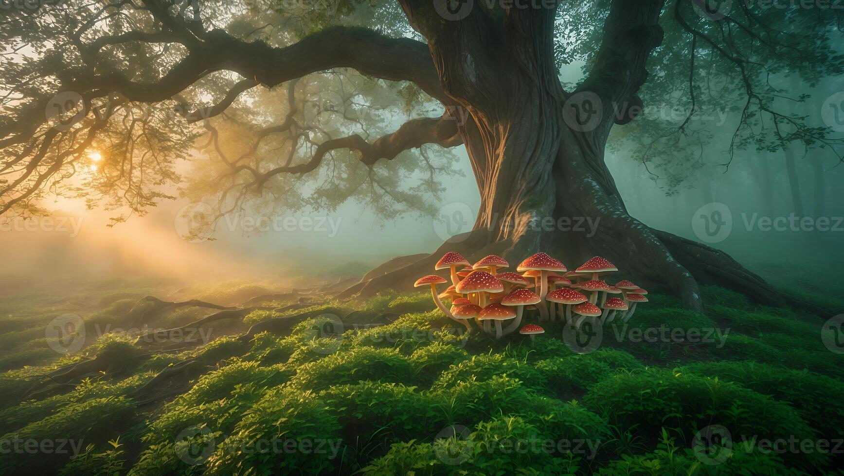 Enchanting Woodland Scene with Mushrooms, Moss, and Misty Sunlight photo