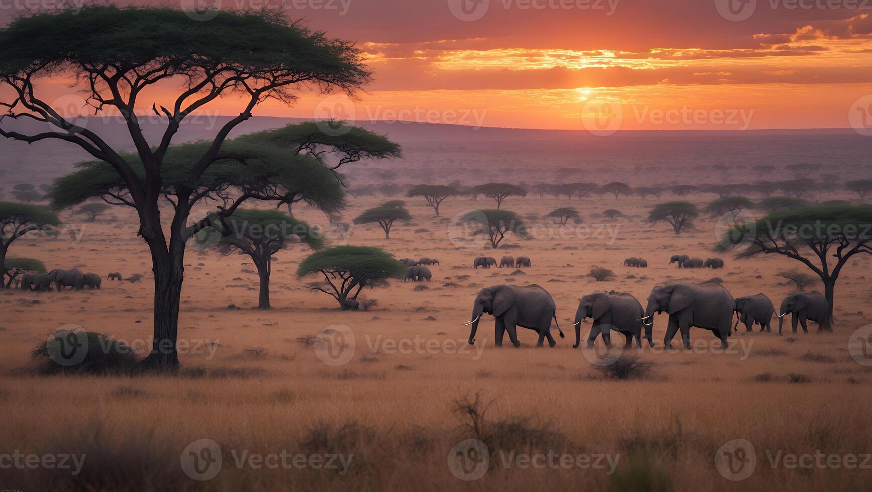 Elephants Walking Across African Savannah at Sunset Landscape Scene photo