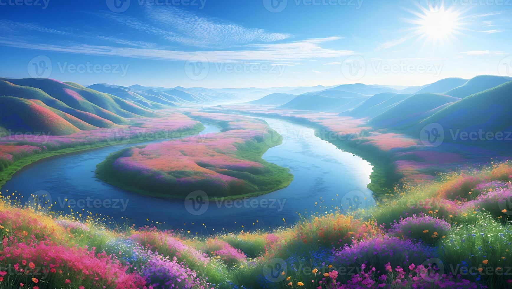 Scenic River Valley with Colorful Wildflowers and Distant Mountain Views photo