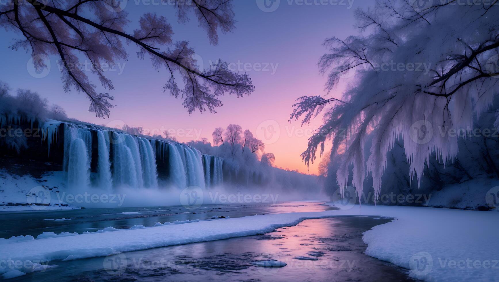 Icy Waterfall Flowing in Winter Landscape with Snow Covered Trees photo