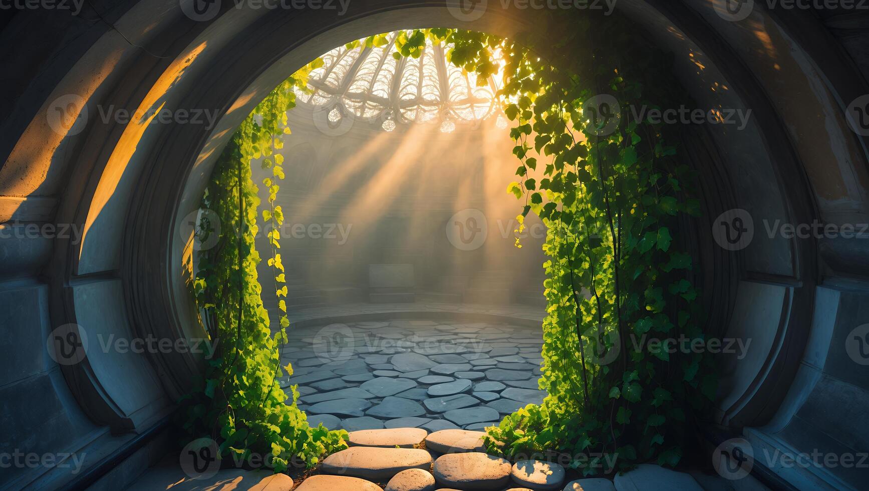 Archway with Vines and Sunlight Leading to Stone Pathway photo