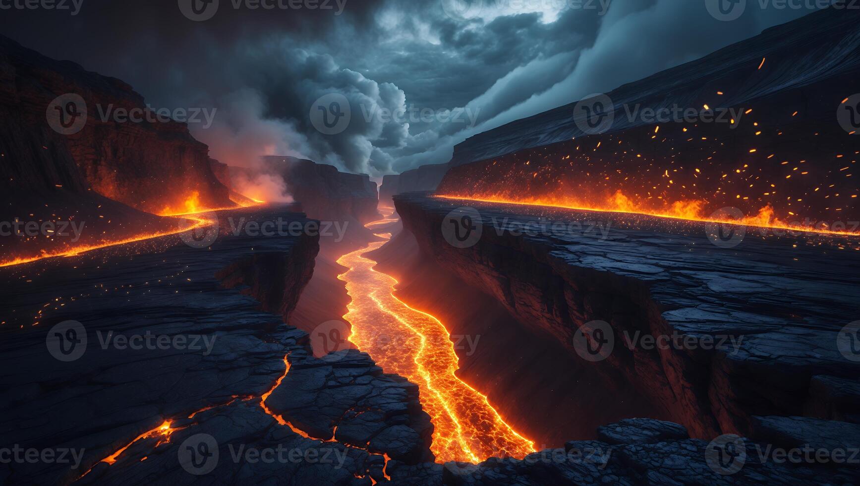 Flowing Lava River Through Rocky Canyon Under Dramatic Cloudy Sky photo