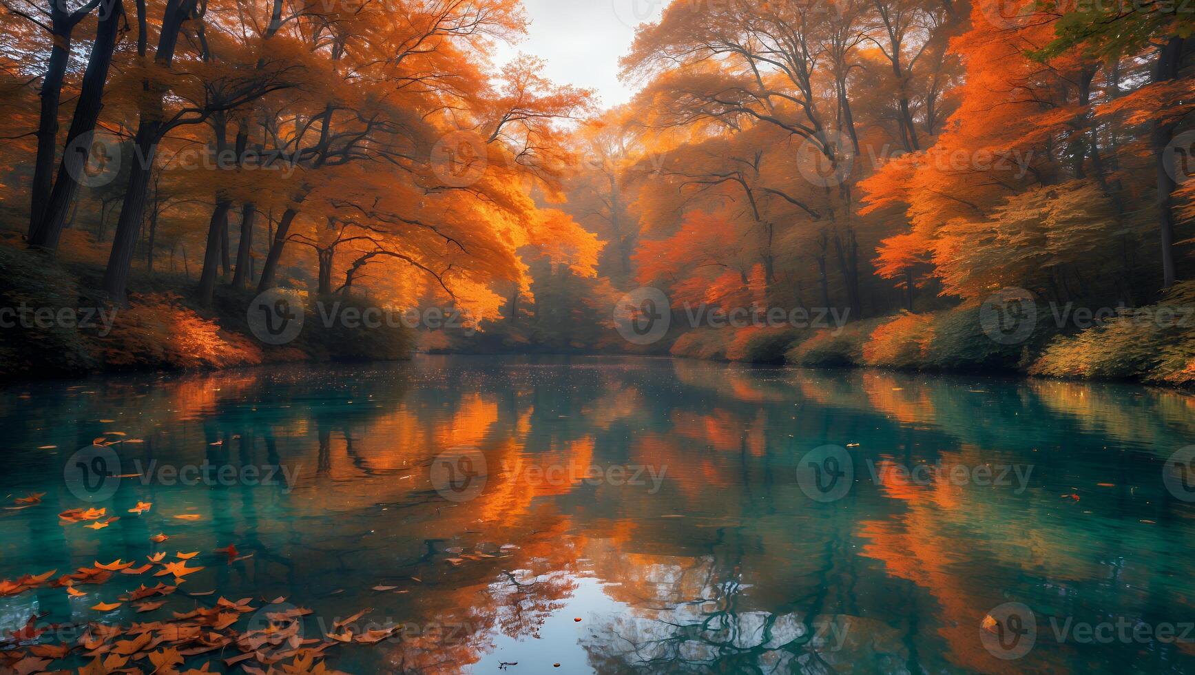 Reflecting Autumn Forest Scene with Turquoise Water and Fallen Leaves photo