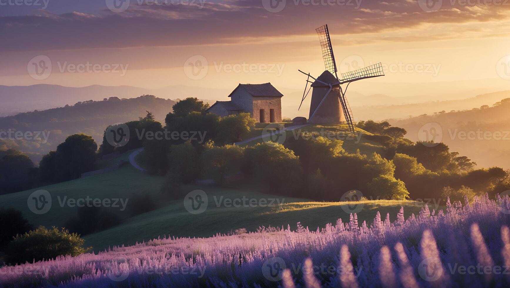 A windmill sits on a hill overlooking a valley photo