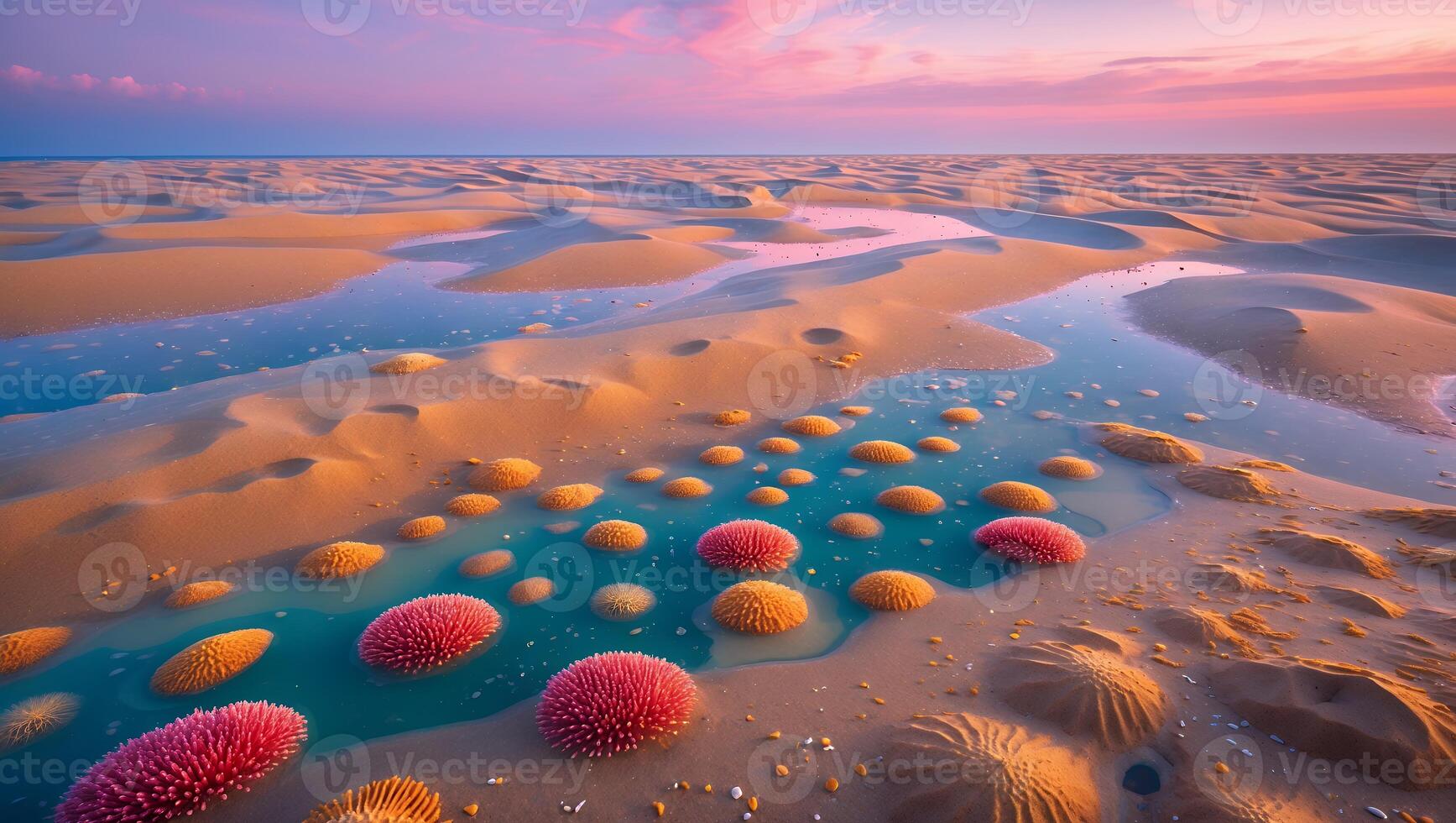 Sandy Beach with Pools Reflecting Colorful Sky and Vibrant Formations photo