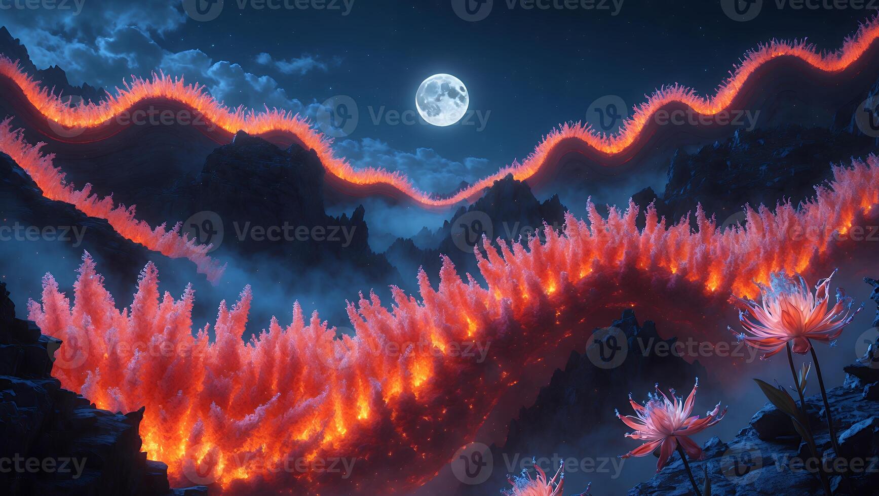 Fantasy Moonlit Landscape with Glowing Mountains and Flowers at Night photo