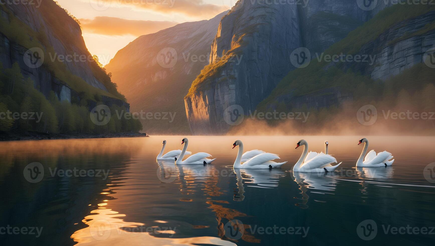 Swans Swim on Tranquil Lake Surrounded by Majestic Mountain Scenery photo