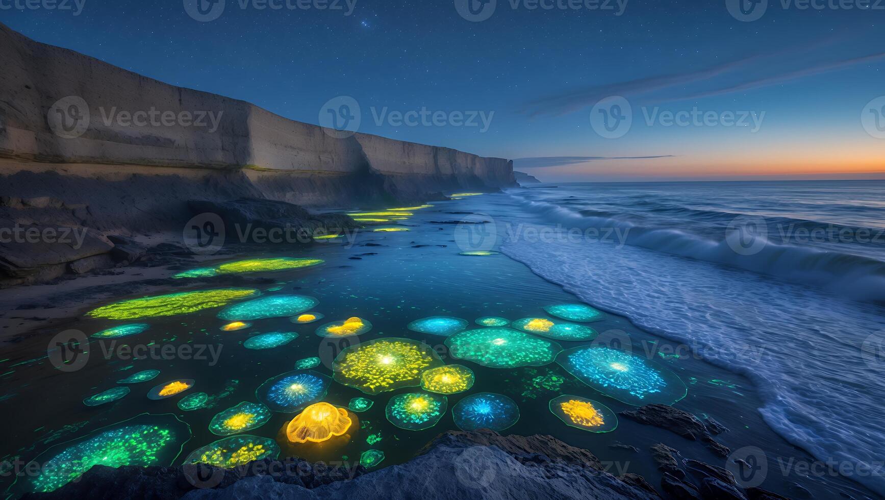 Glowing Pools on Beach Shoreline at Dusk with Waves Crashing photo