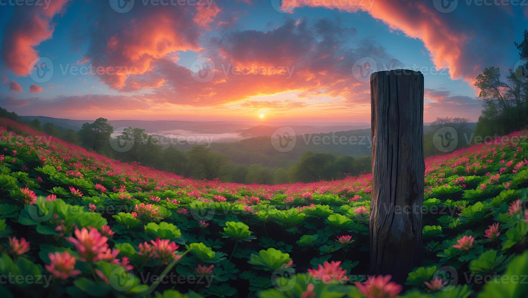 Sunset Over Flower Field with Old Wooden Post in Foreground photo