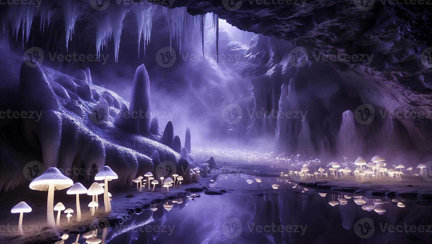 Glowing Mushrooms in a Mysterious Cave with Stalactites and Reflections photo