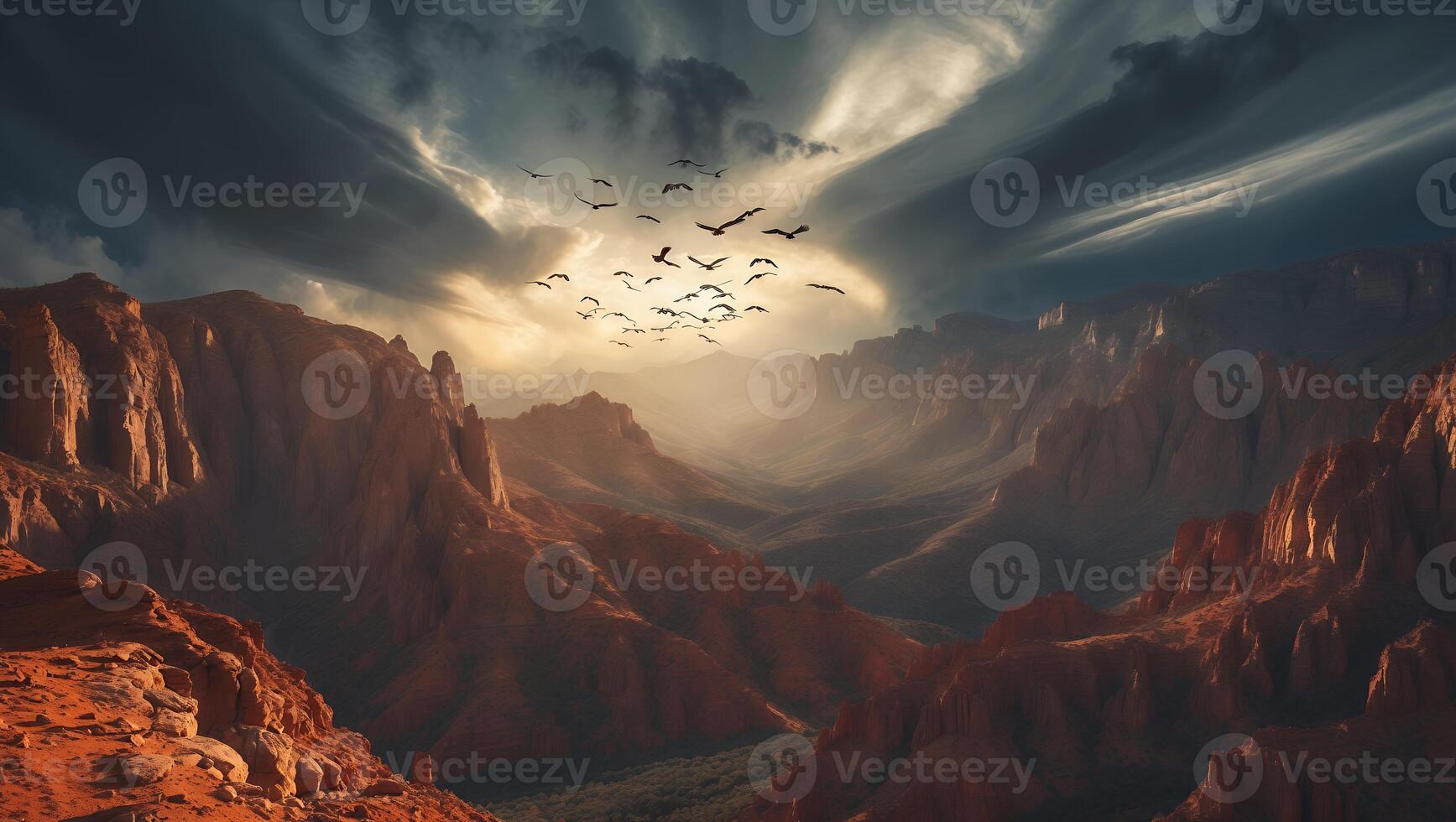 Birds Flying Over Canyon Landscape with Dramatic Cloudy Sky Scenery photo
