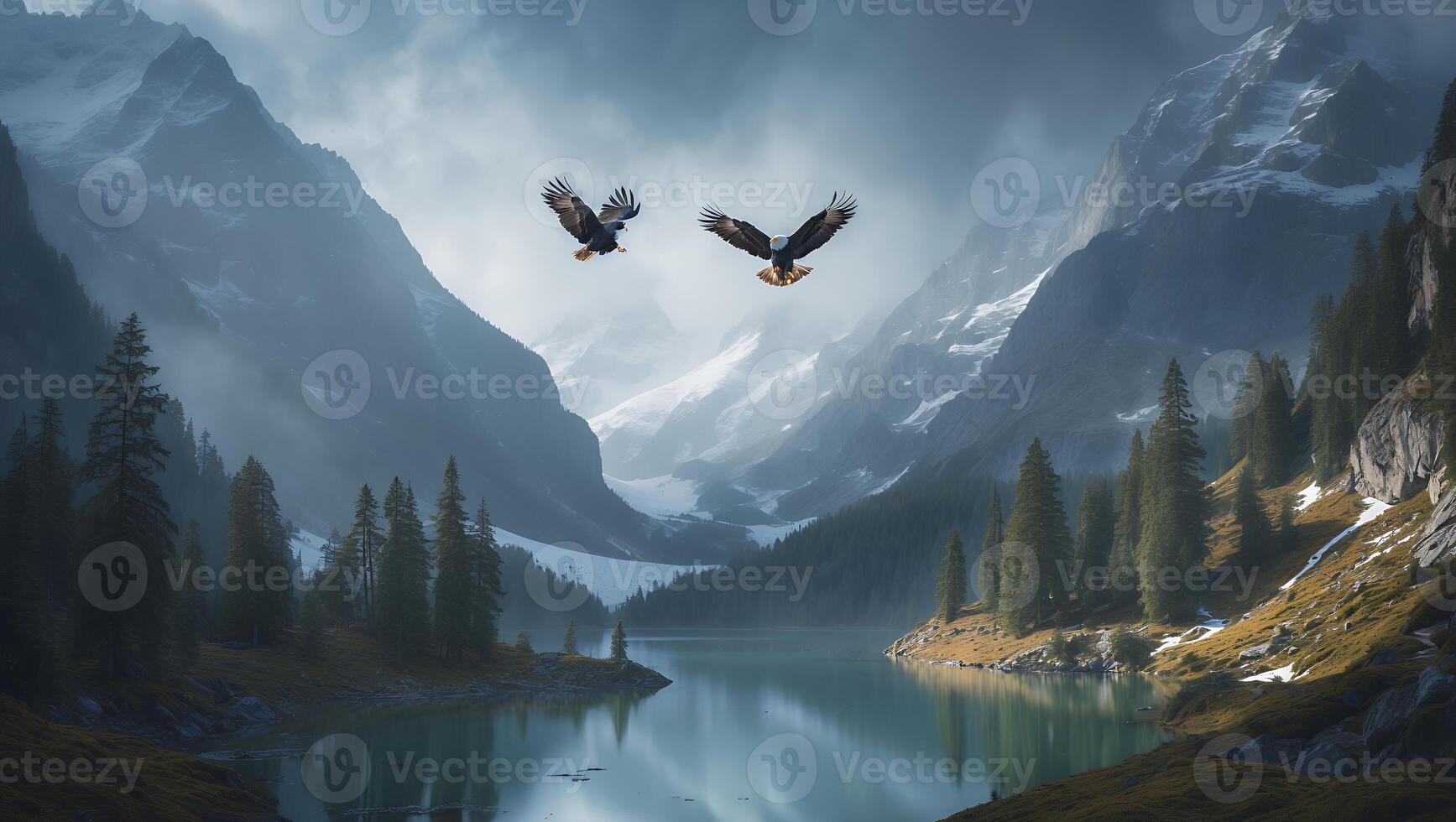 Eagles Soaring Over Tranquil Mountain Lake Surrounded by Snow Capped Peaks photo
