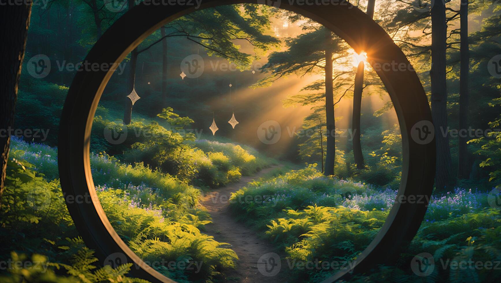 Forest Path Through Circular Frame with Sunlight and Hanging Ornaments photo