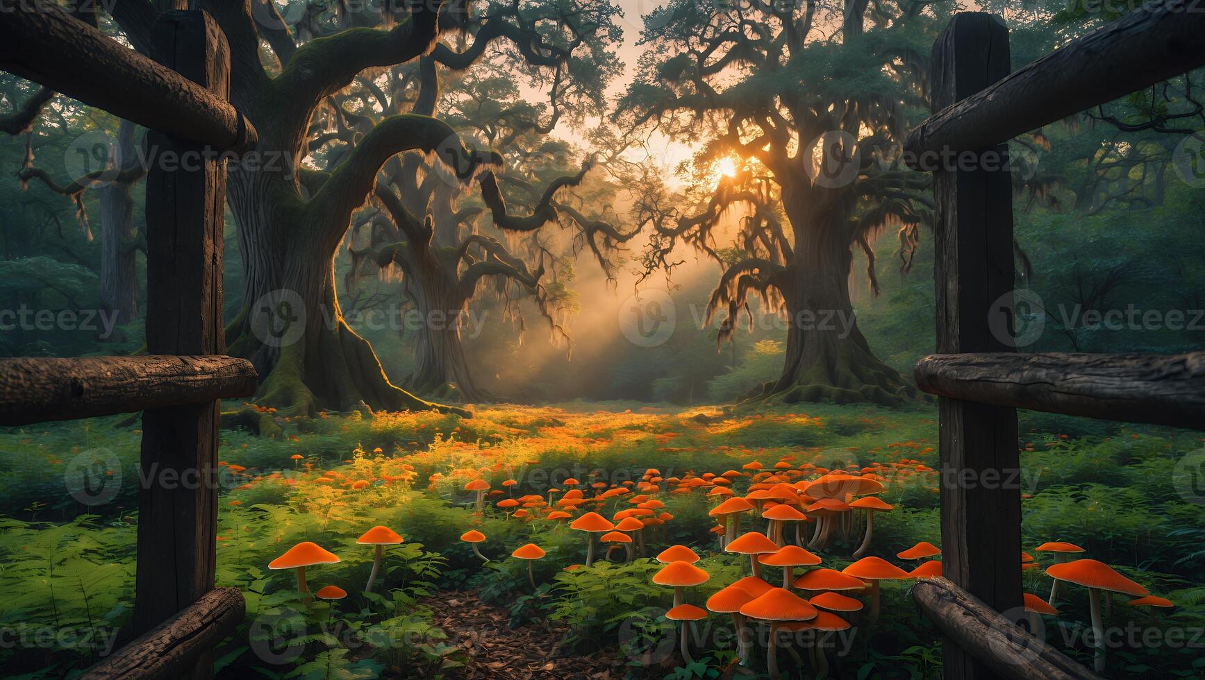 Entering Enchanted Forest with Mushrooms and Sunlight Through Old Trees photo