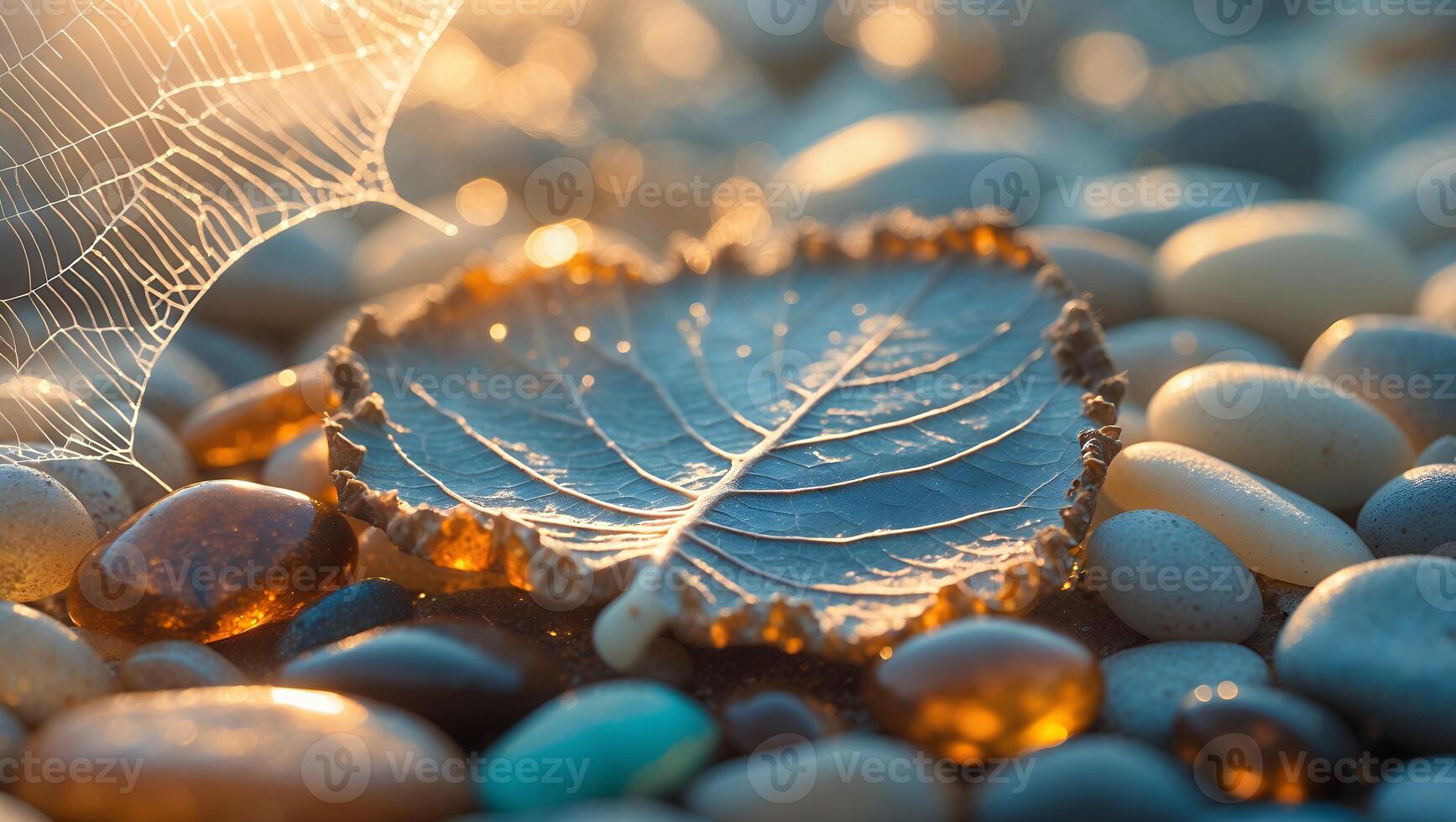 Leaf Resting on Smooth Stones with Glimmering Sunlight and Cobweb photo