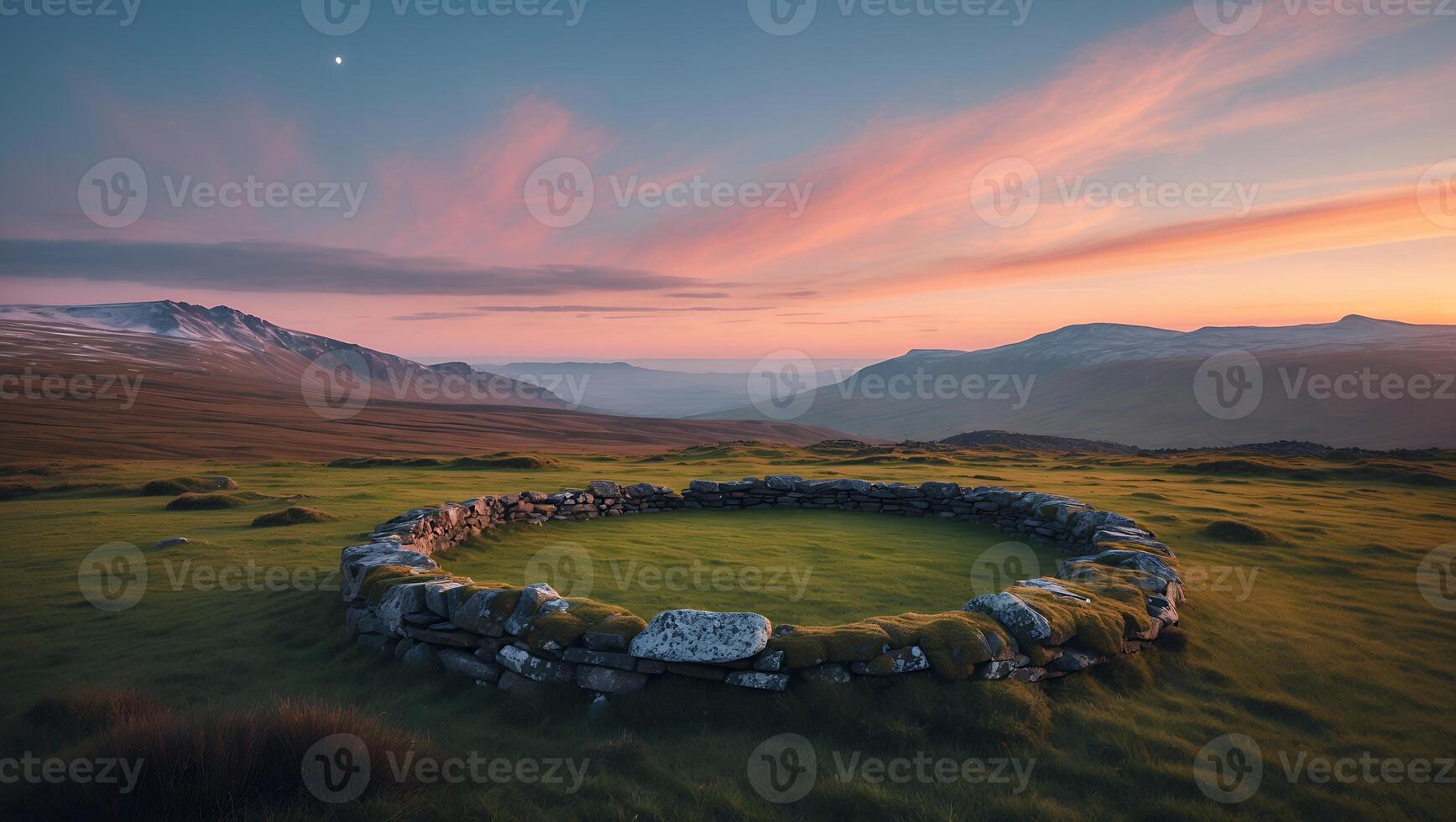 Stone Circle in Grassy Field with Mountains Under Colorful Sunset Sky photo