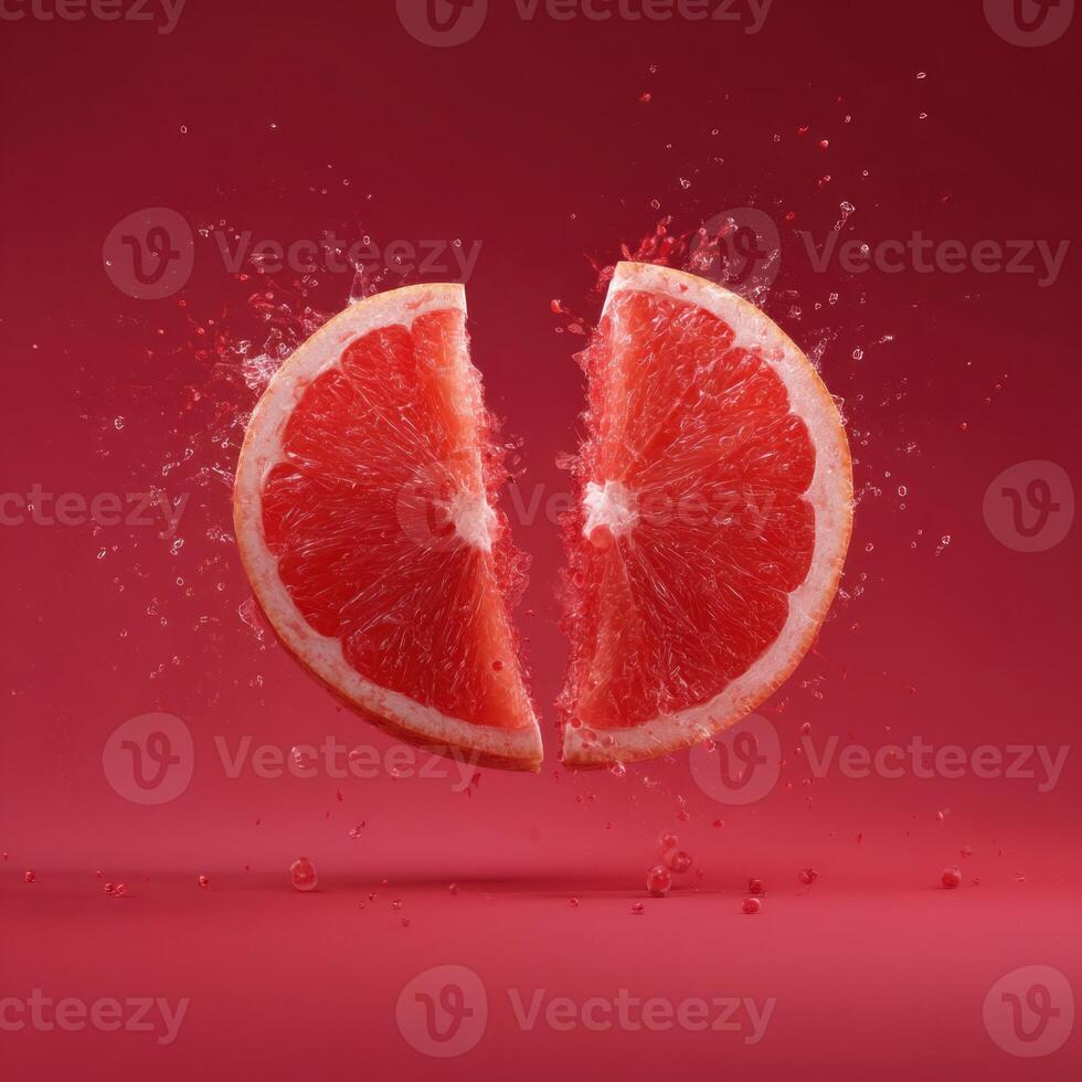 Sliced grapefruit splashing on red background photo