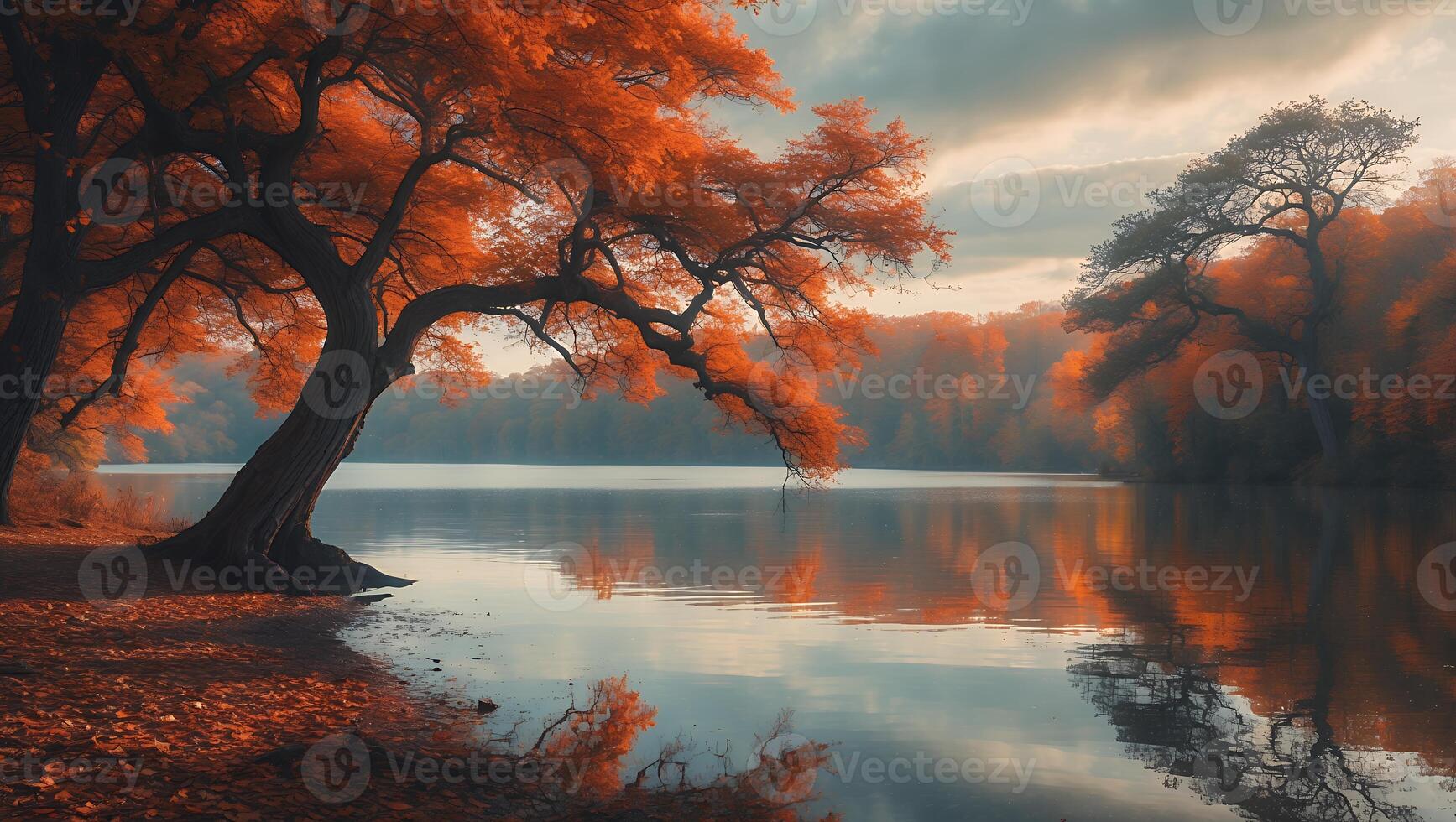 Reflective Lake Scene with Autumn Trees and Colorful Sky photo