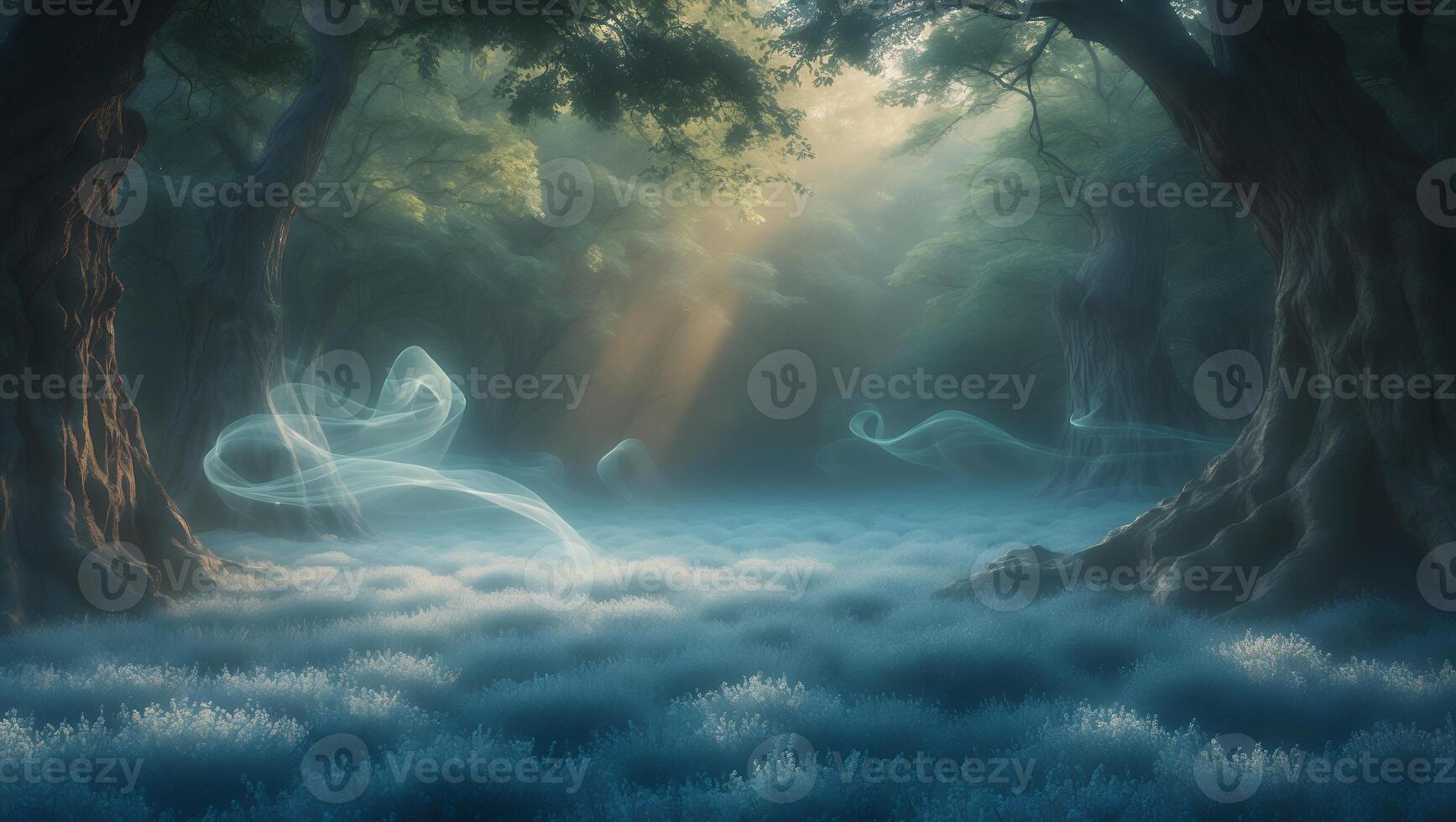 Misty Forest Scene with Sun Rays and Wispy Lights photo
