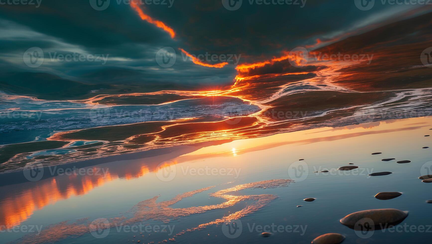 Dramatic Sunset Reflection on Wet Sand with Colorful Clouds photo