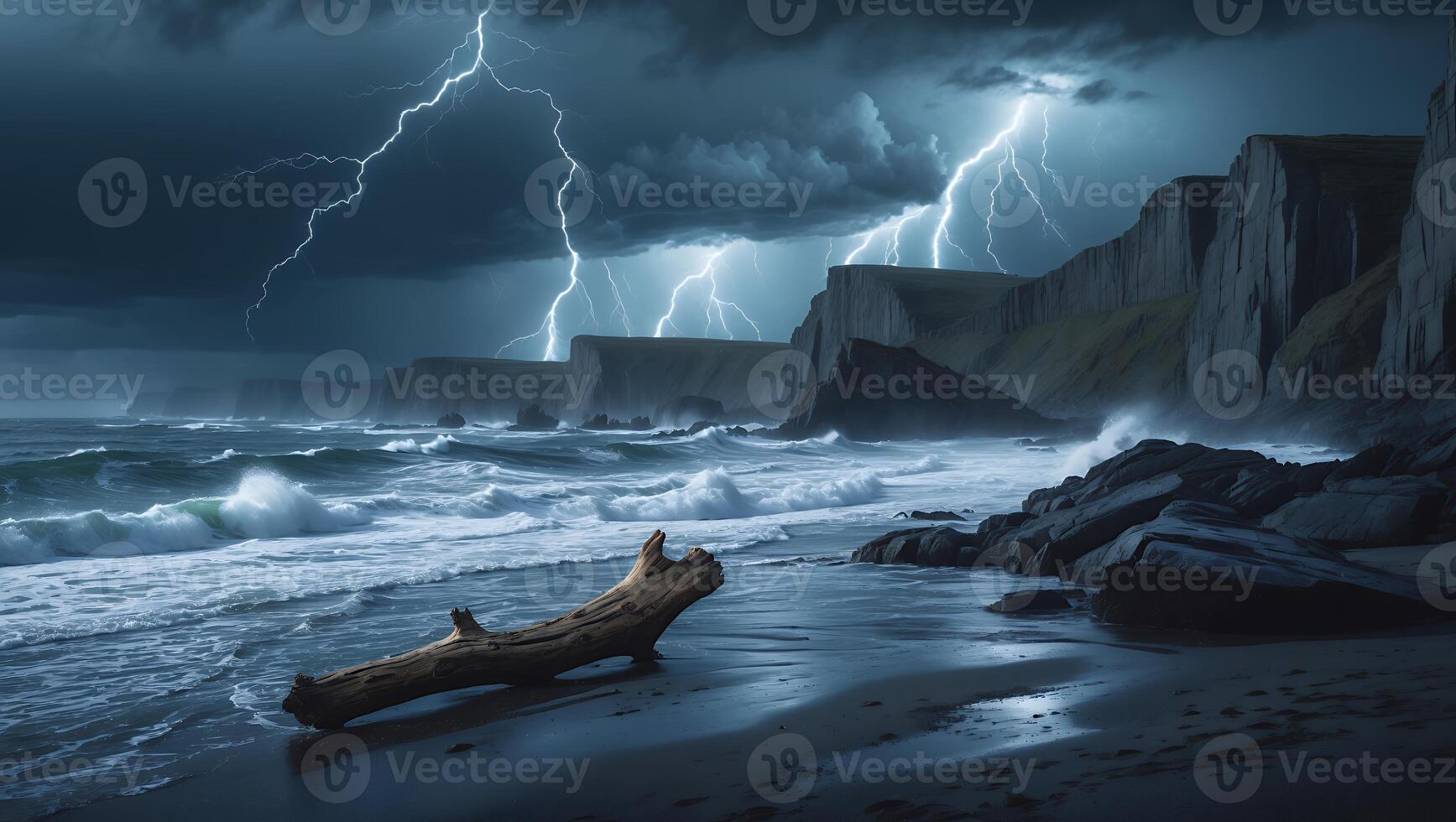 Dramatic Coastline Landscape with Lightning Storm and Beach Waves photo