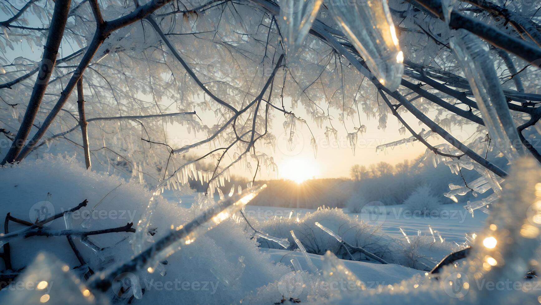 Frozen Branch with Icicles Glistening in Winter Sunlight Scenery photo