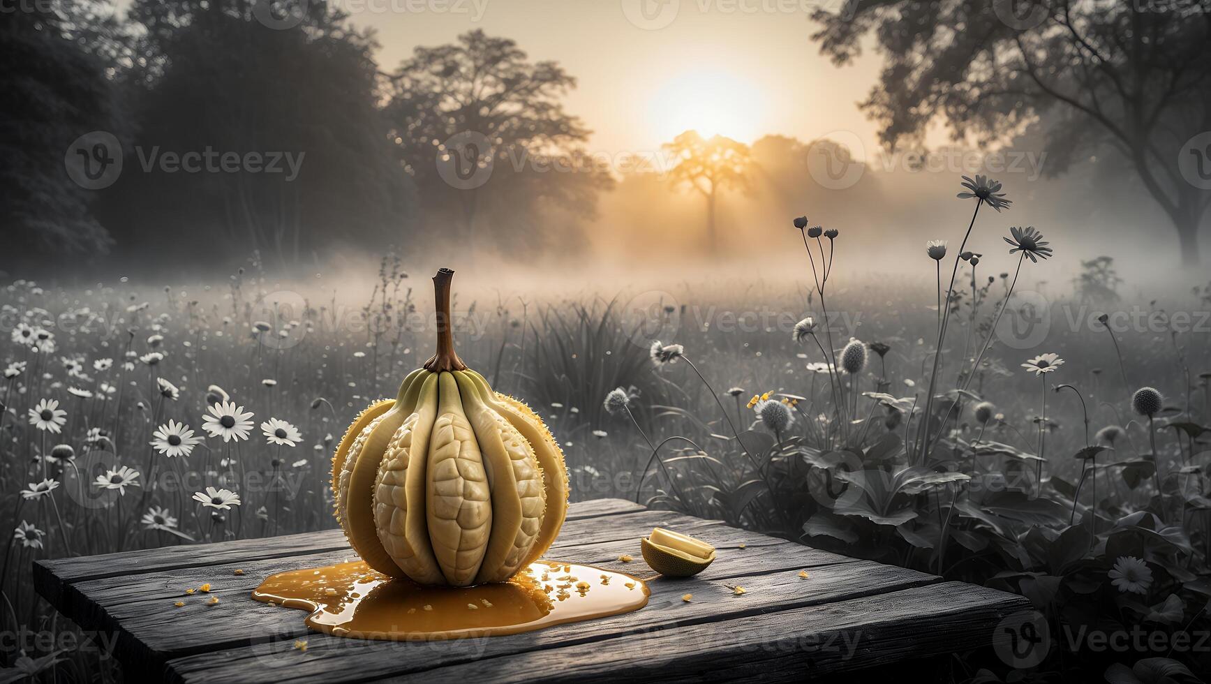 Serving Gourd with Liquid on Wooden Table in Foggy Field photo