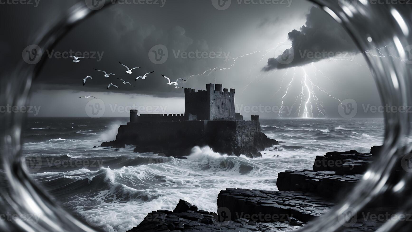 Castle on Island During Storm with Lightning Strikes and Rough Sea photo