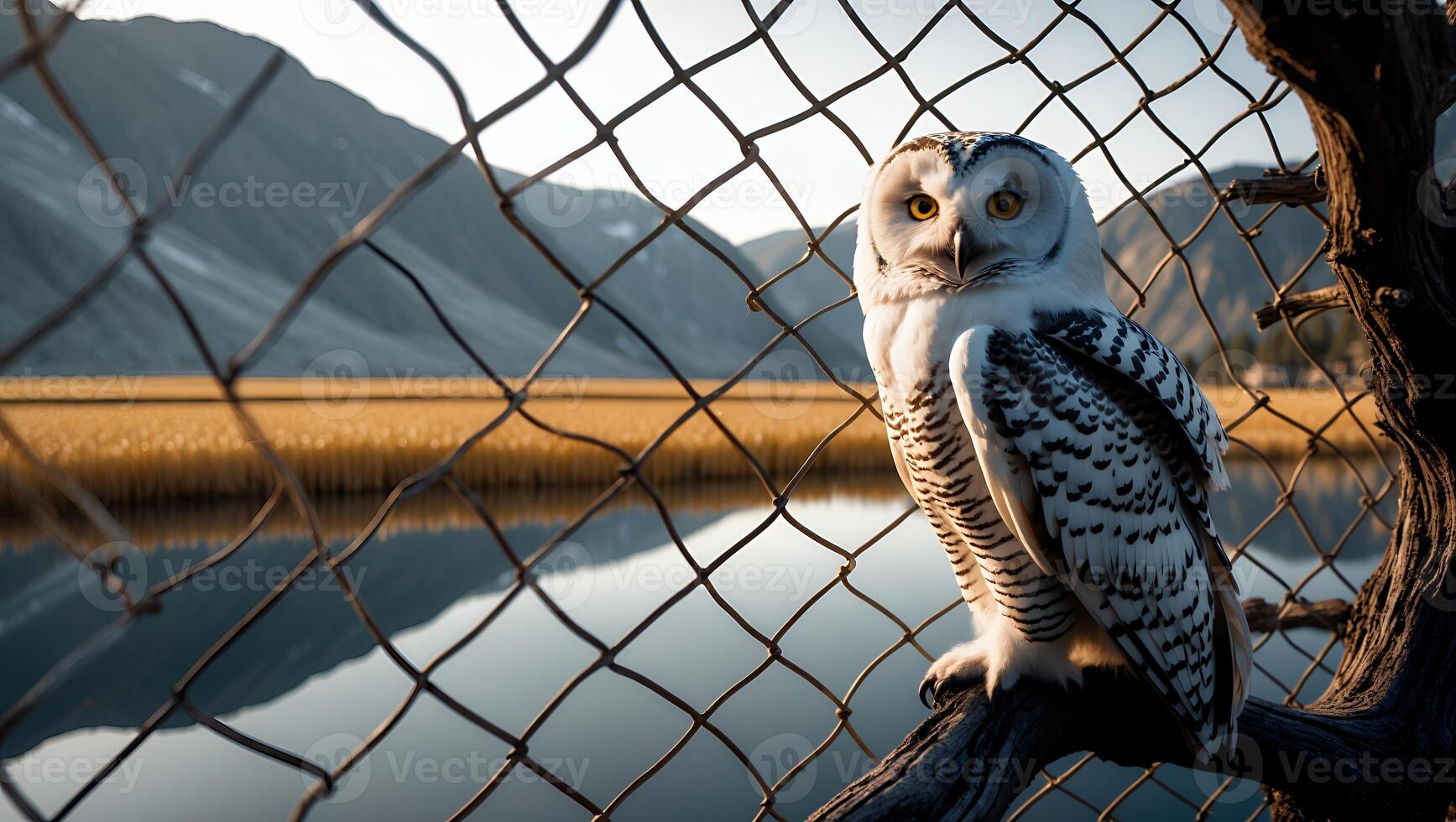 Snowy Owl Perched on Branch Behind Fence with Mountain Backdrop photo