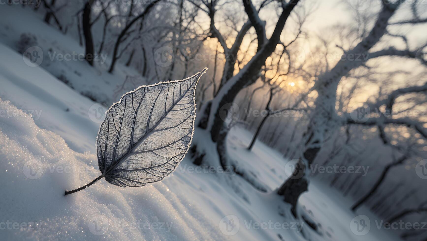 Leaf Resting on Snow in Winter Forest with Morning Light photo