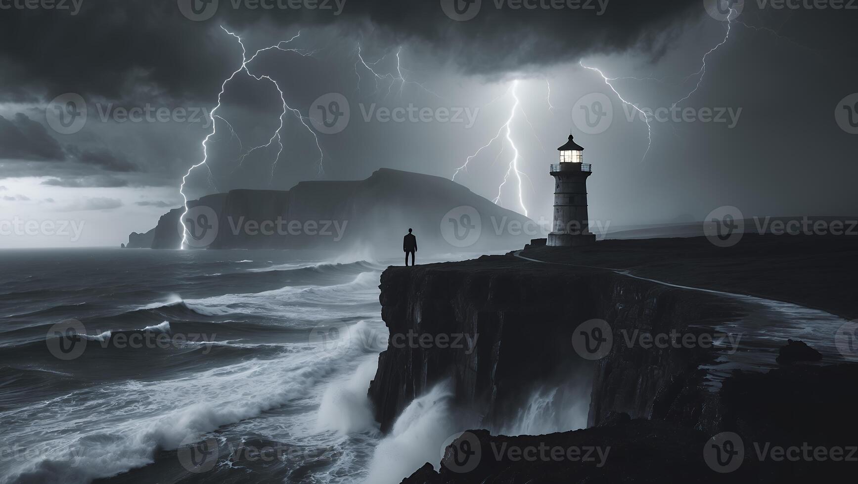 Standing Figure at Cliff Edge Near Lighthouse During Lightning Storm photo