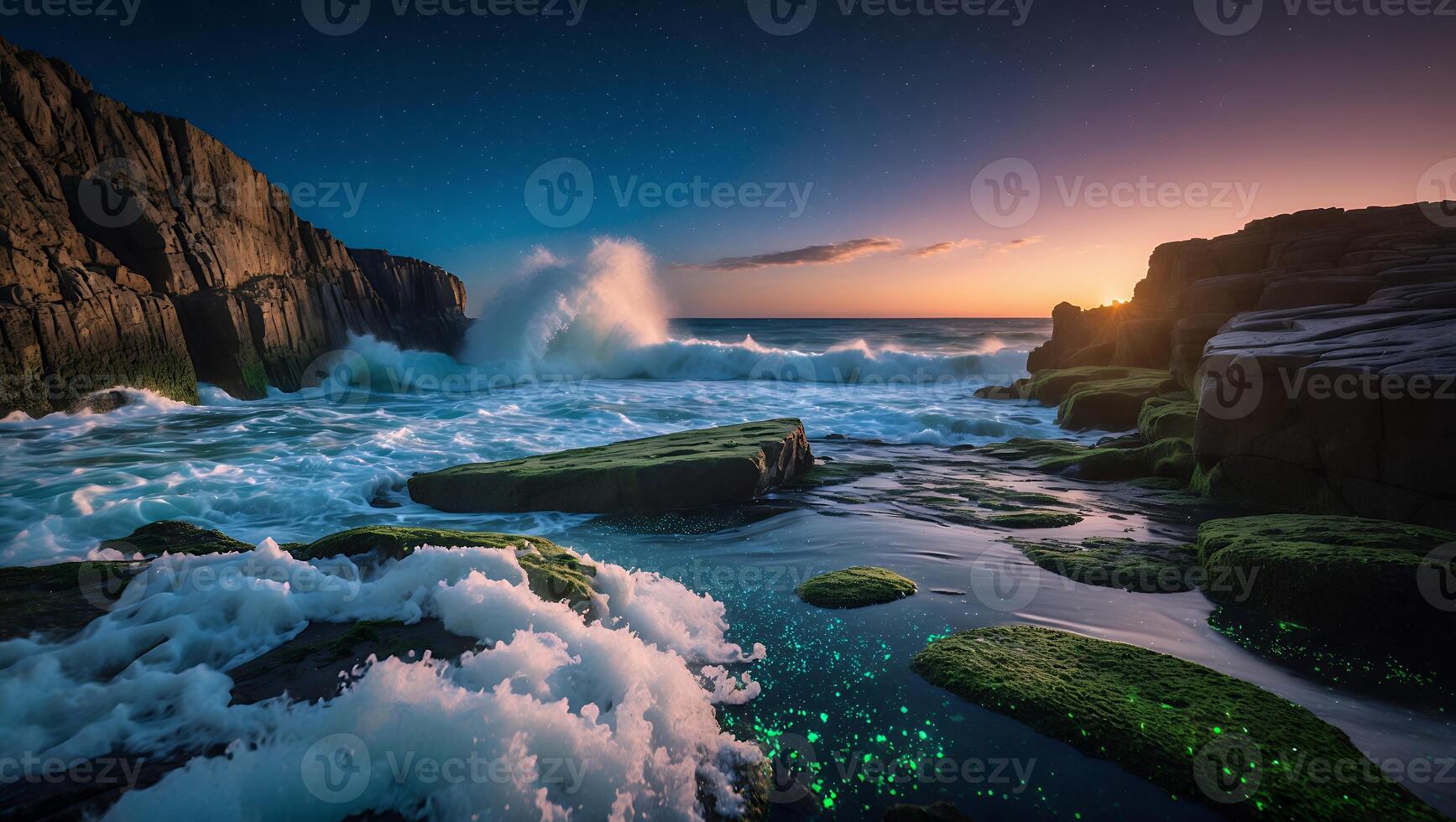 Ocean Waves Crashing on Rocky Shoreline at Sunset with Starry Sky photo